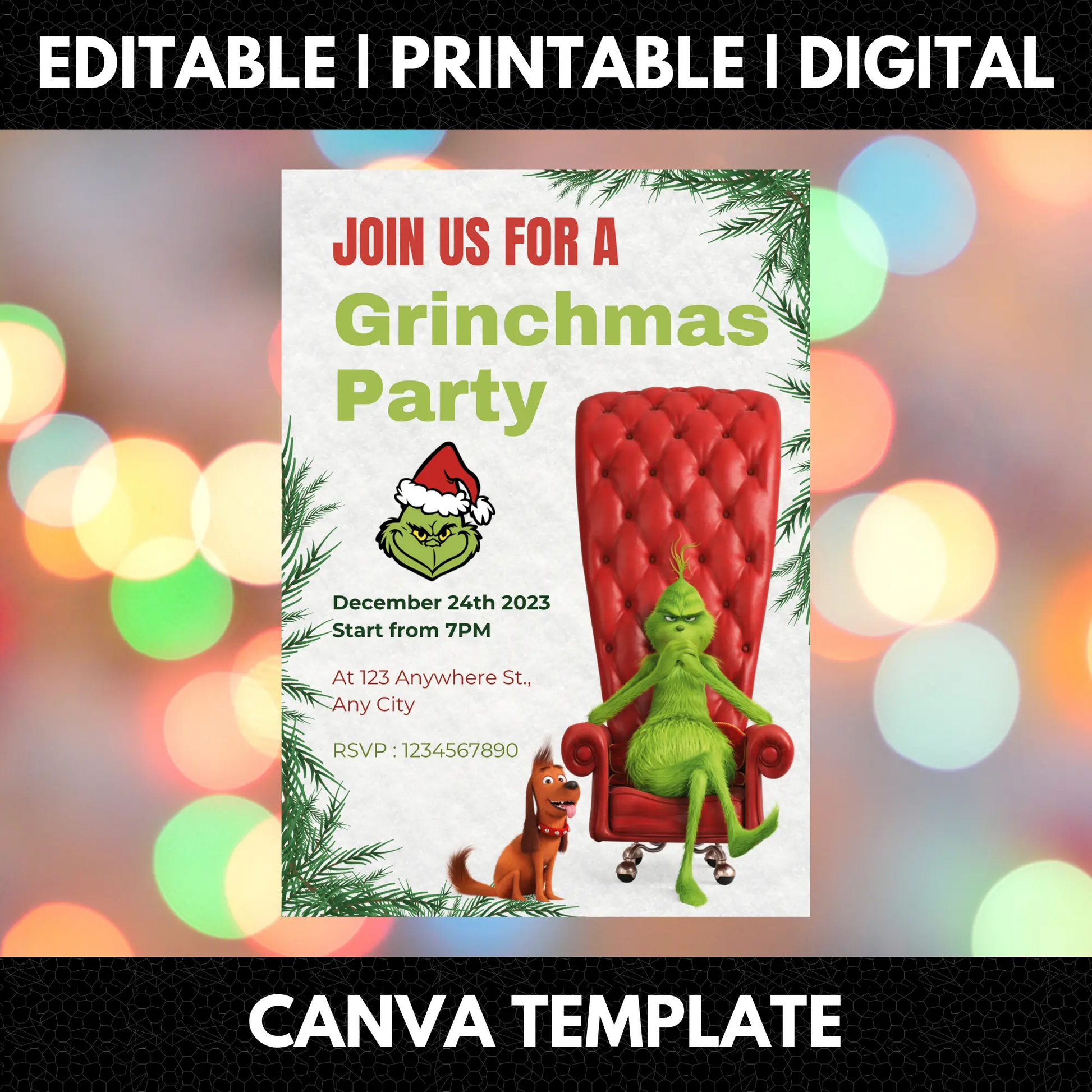Grinchmas Christmas Party Invitation Template | Grinch Invite - CreativeRino