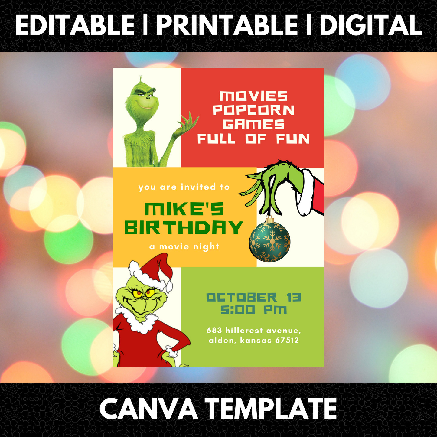 Grinch Christmas Birthday Invitation Template