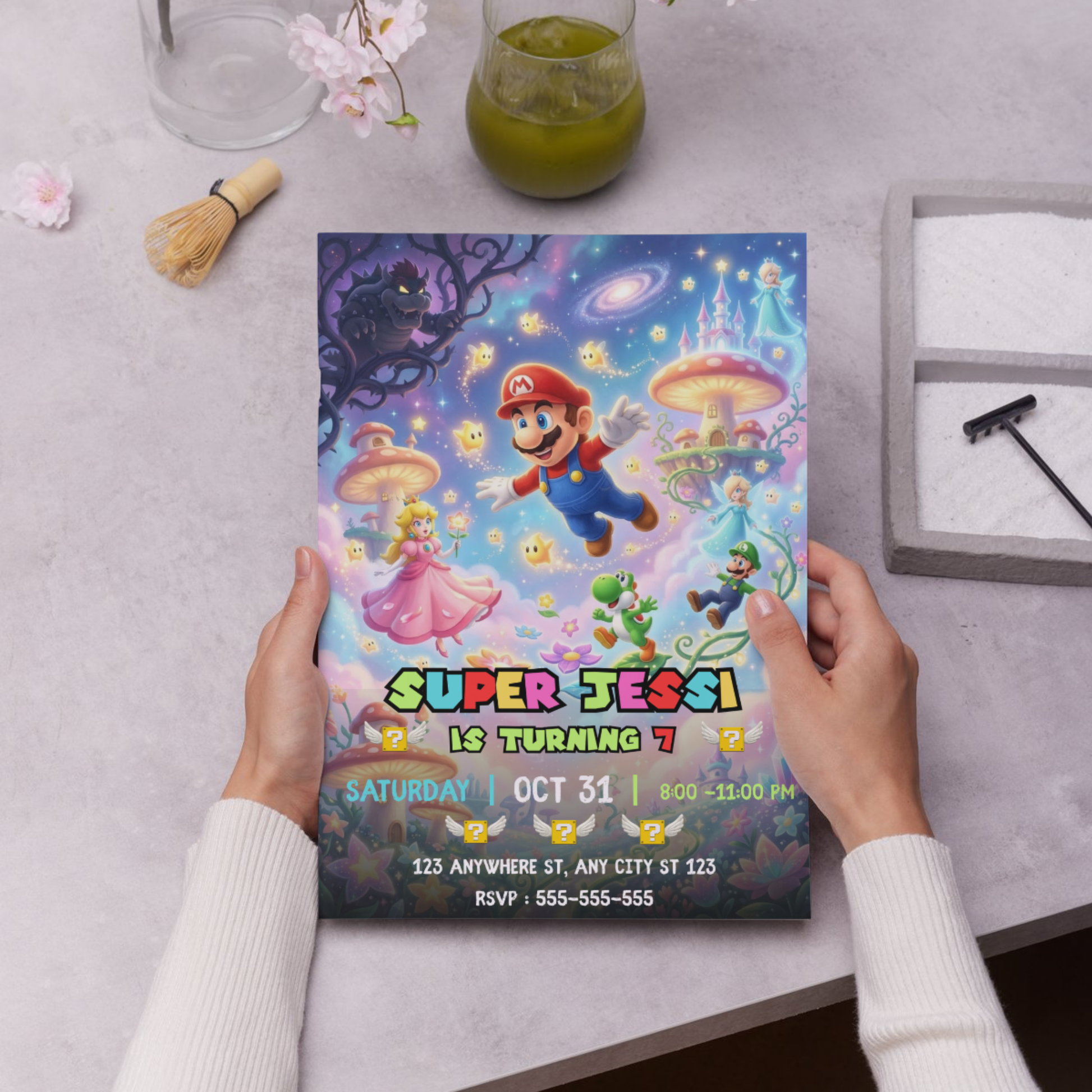 Mario Galaxy Birthday Invitation, Editable Fairytale Theme Party Canva Template CreativeRino