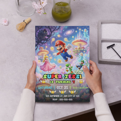Mario Galaxy Birthday Invitation, Editable Fairytale Theme Party Canva Template CreativeRino
