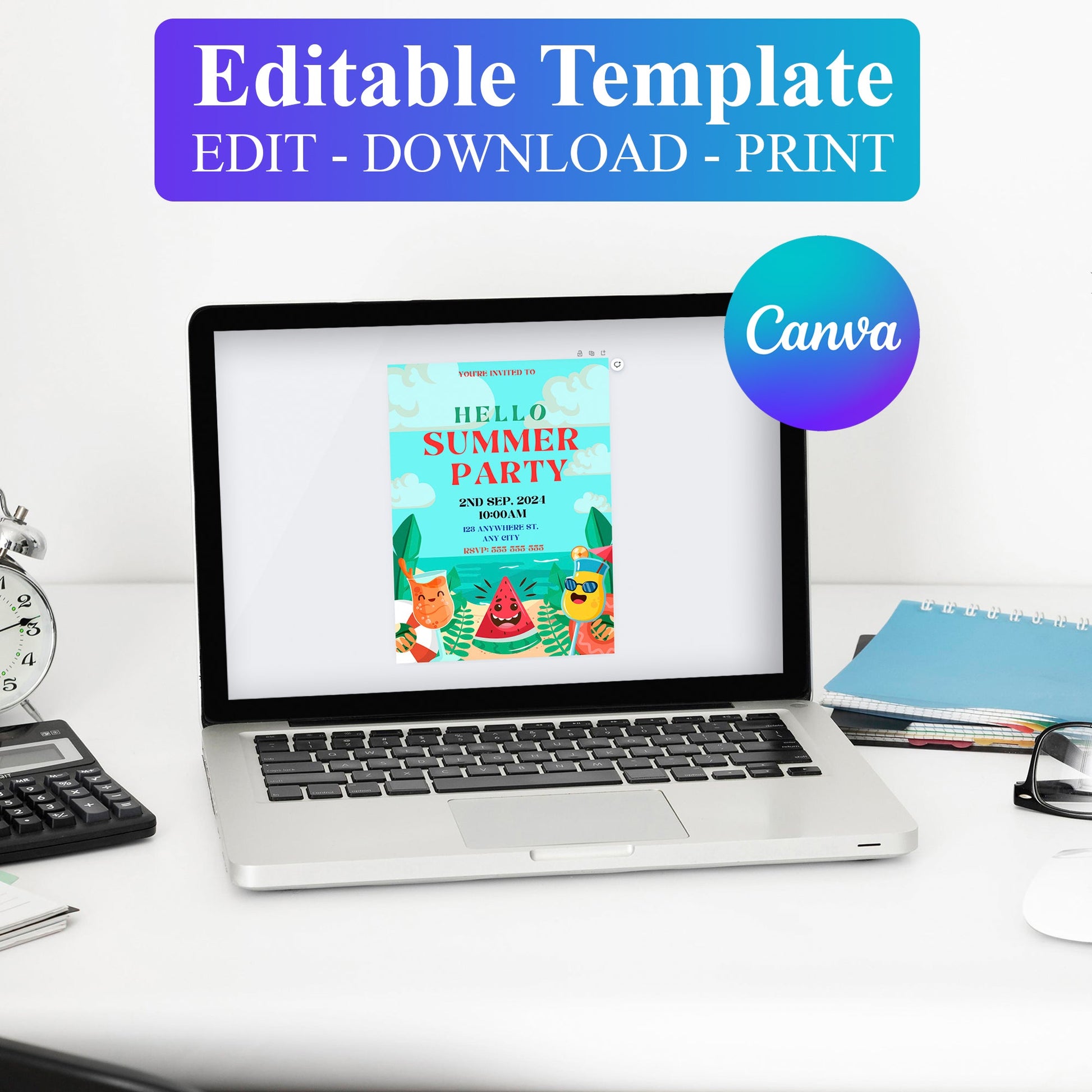 Hello Summer Party Invitation Canva Template | Hello Summer Theme Invite CreativeRino