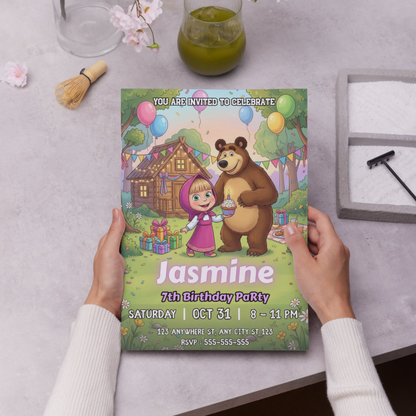 Masha and the Bear Birthday Invitation Template | Editable Kids Party Invite CreativeRino