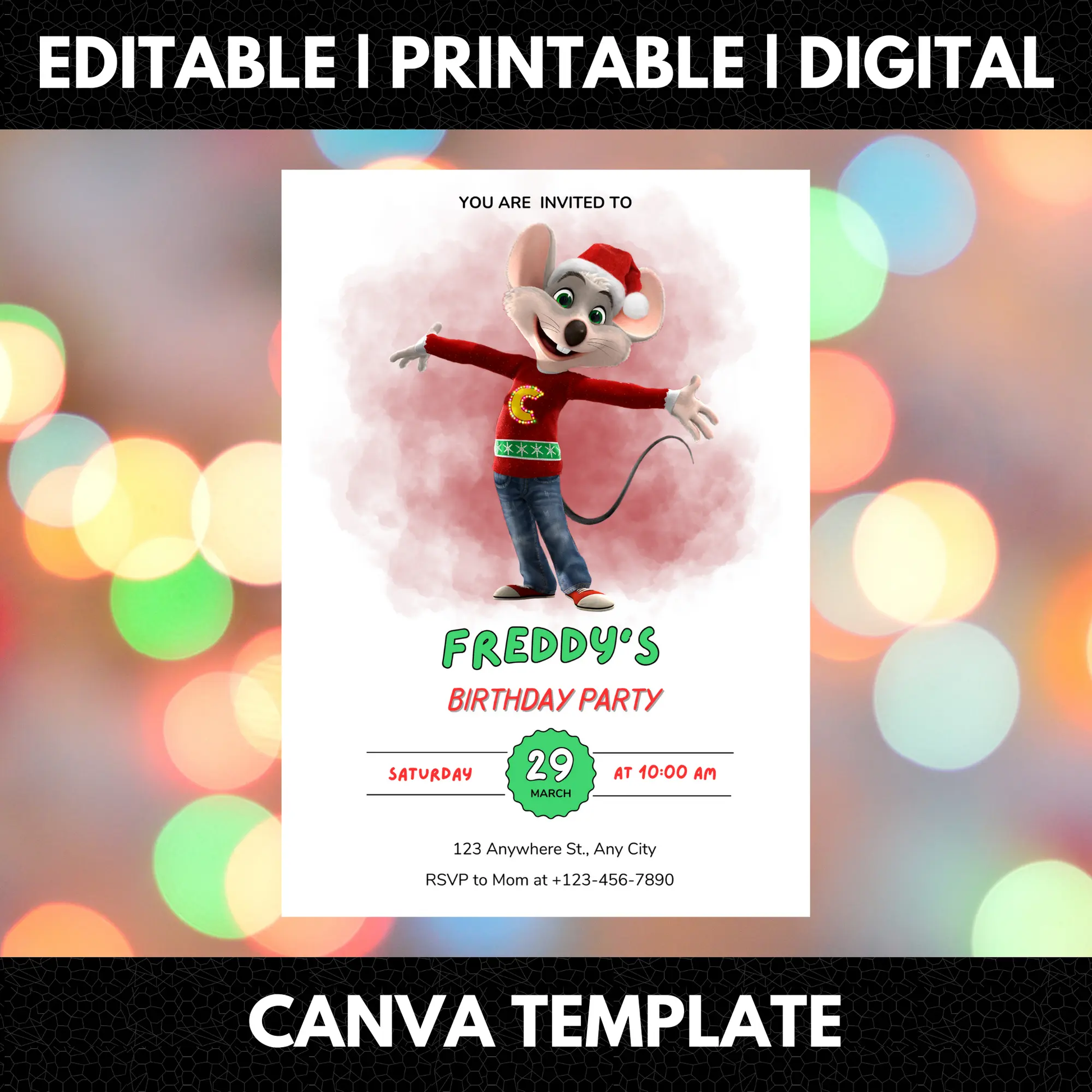 Chuck E Cheese Mouse Christmas Birthday Invitation Template - CreativeRino