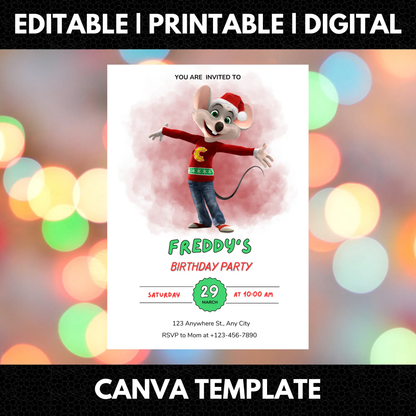 Chuck E Cheese Mouse Christmas Birthday Invitation Template - CreativeRino