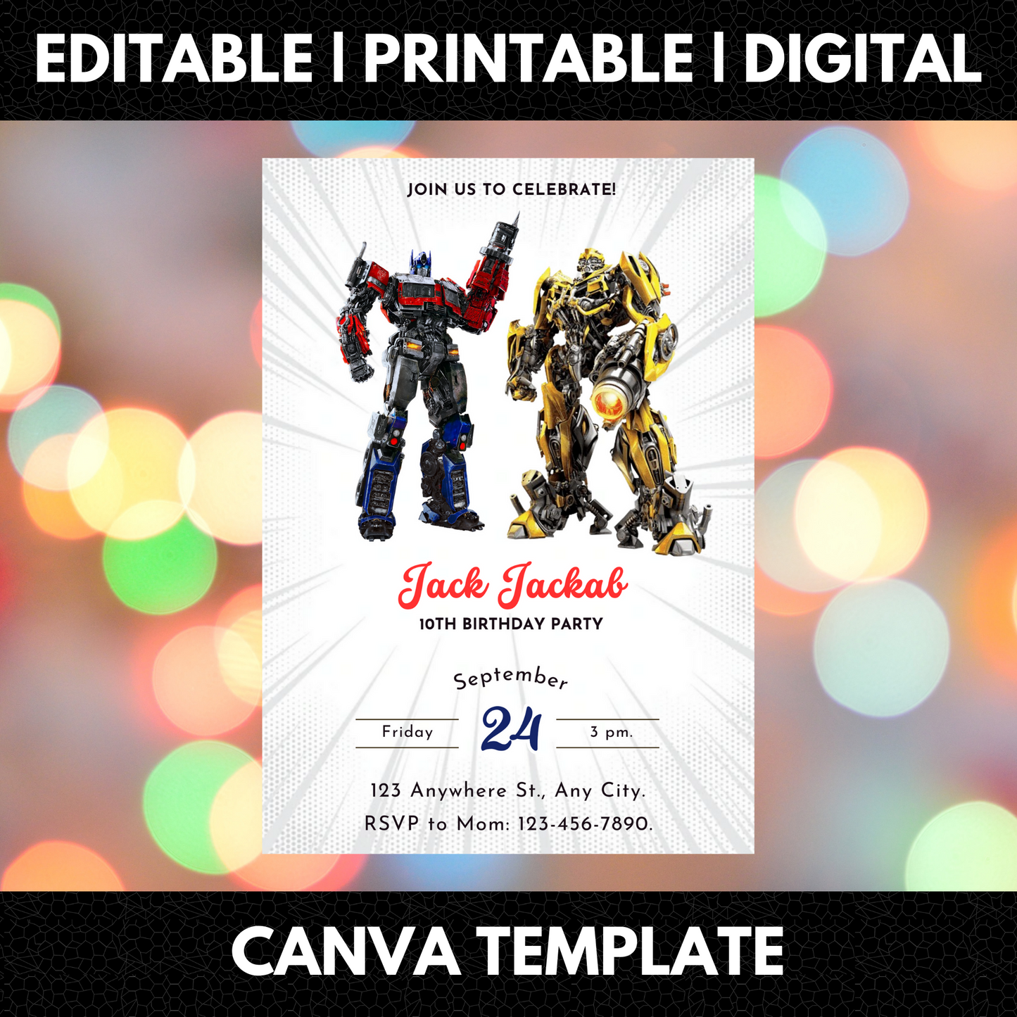 Transformers Optimus Prime Bumblebee Birthday Invitation Template