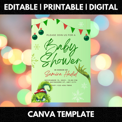 Grinch Baby Shower Invitation Template | Grinchmas Whoville Baby Shower Invite - CreativeRino