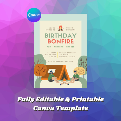 Bonfire Birthday Invitation Template | Camping Invite - CreativeRino