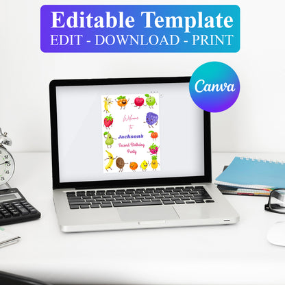 Hey Bear Dancing Fruit Birthday Welcome Sign Template - CreativeRino