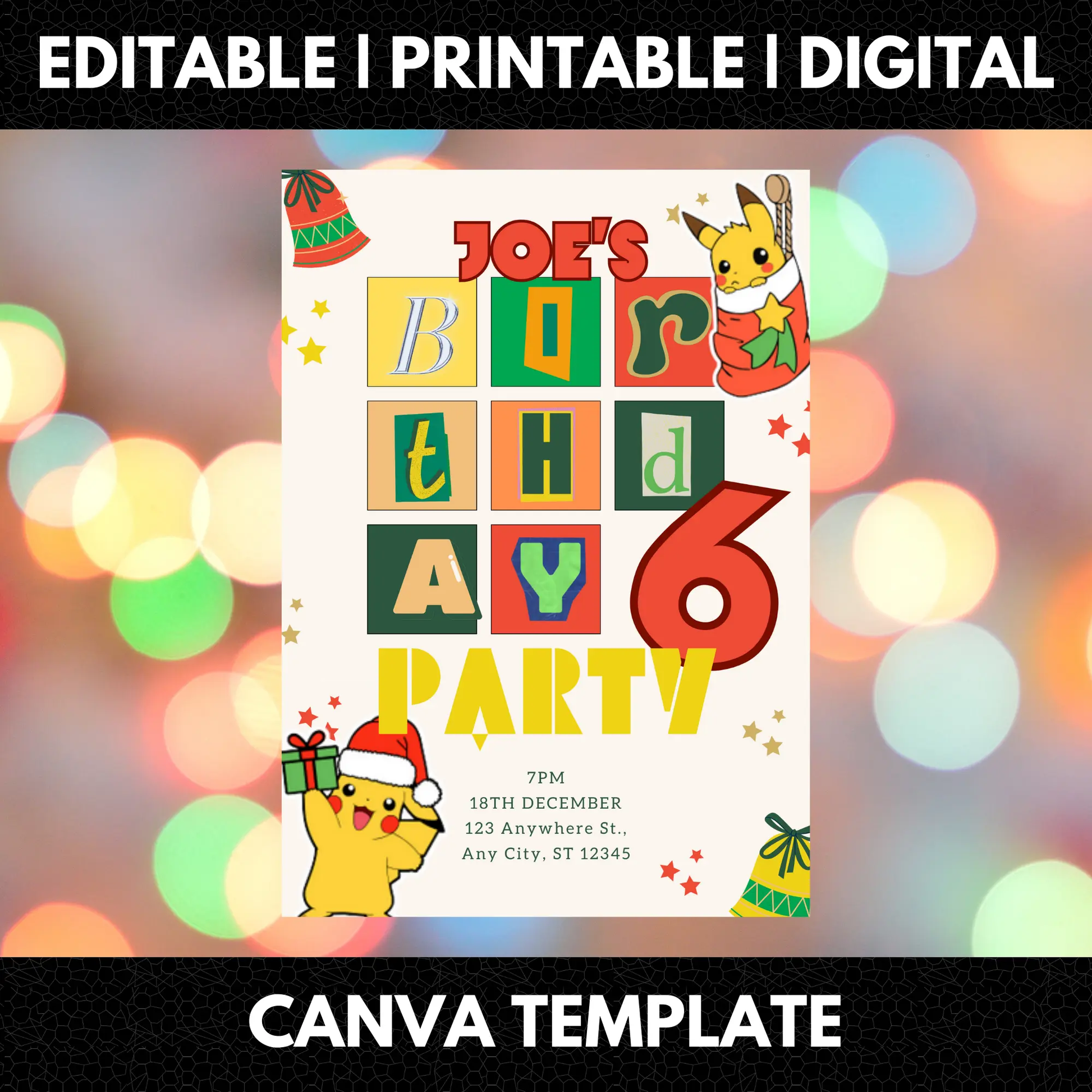 Pikachu Pokemon Christmas Birthday Invitation Template - CreativeRino