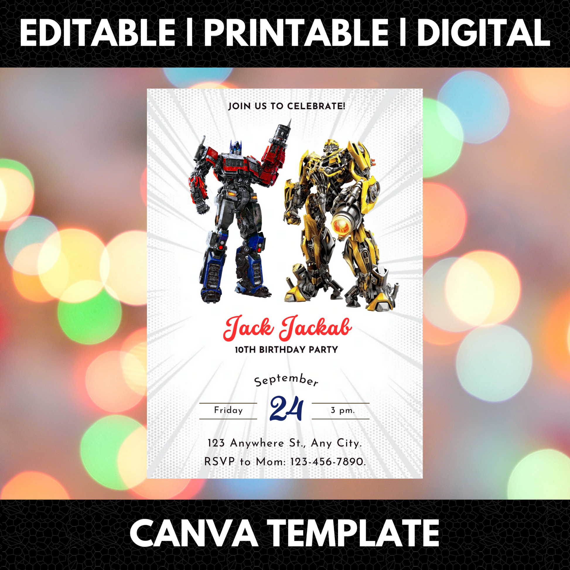 Transformers Optimus Prime Bumblebee Birthday Invitation Template - CreativeRino