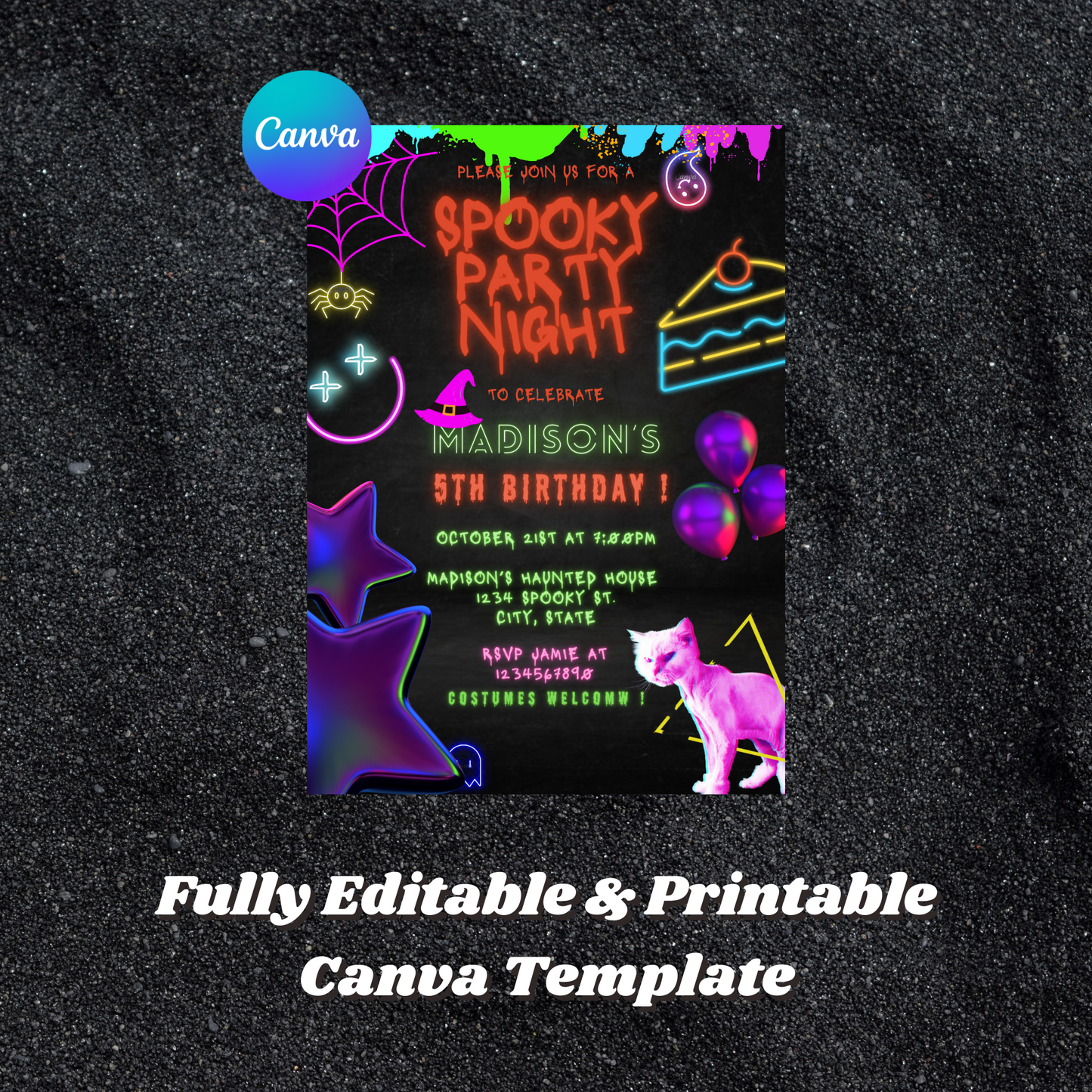 Neon Spooky Halloween Birthday Party Invitation Template