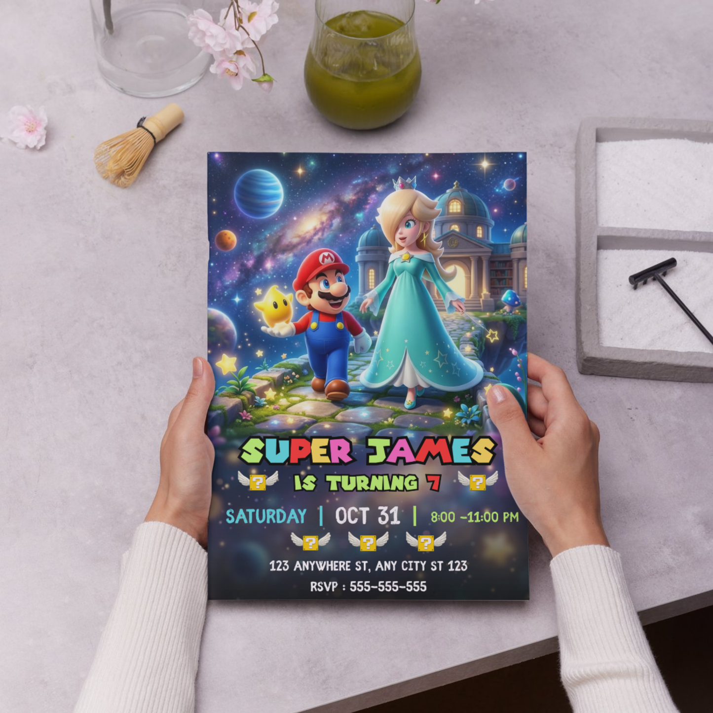 Mario and Princess Rosalina Birthday Invitation, Super Mario Galaxy Birthday Invitation, Editable Outer Space Party Invite Canva Template CreativeRino