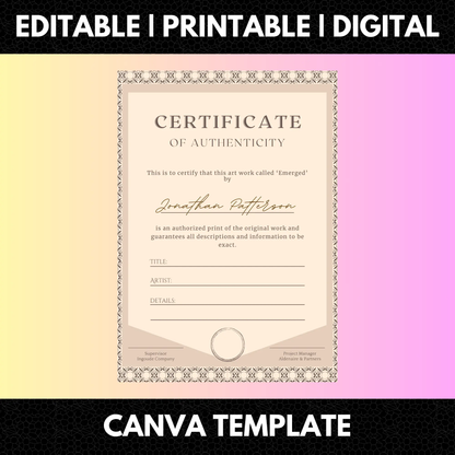 Certificate of Authenticity Template | Authenticity Certificate - CreativeRino