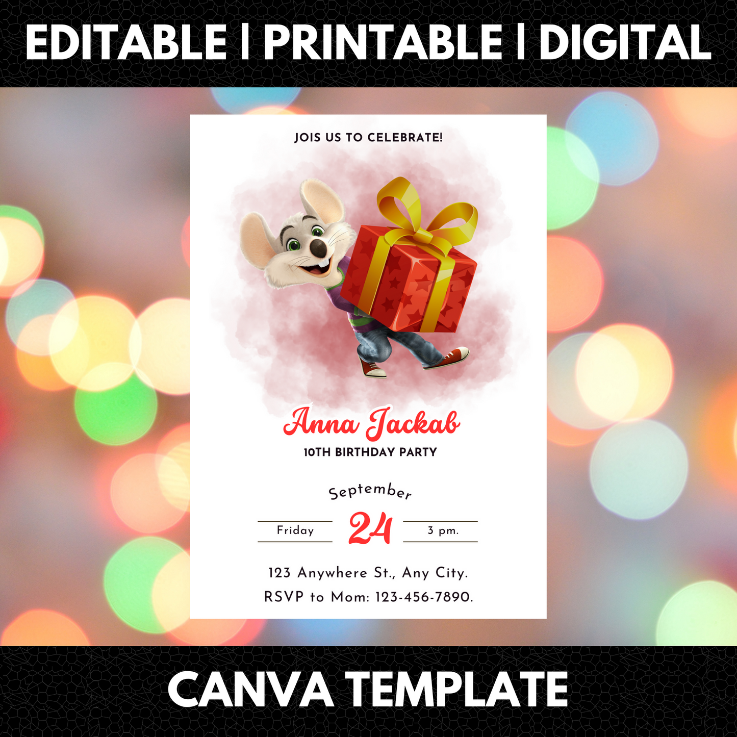 Chuck E Cheese Mouse Birthday Invitation Template