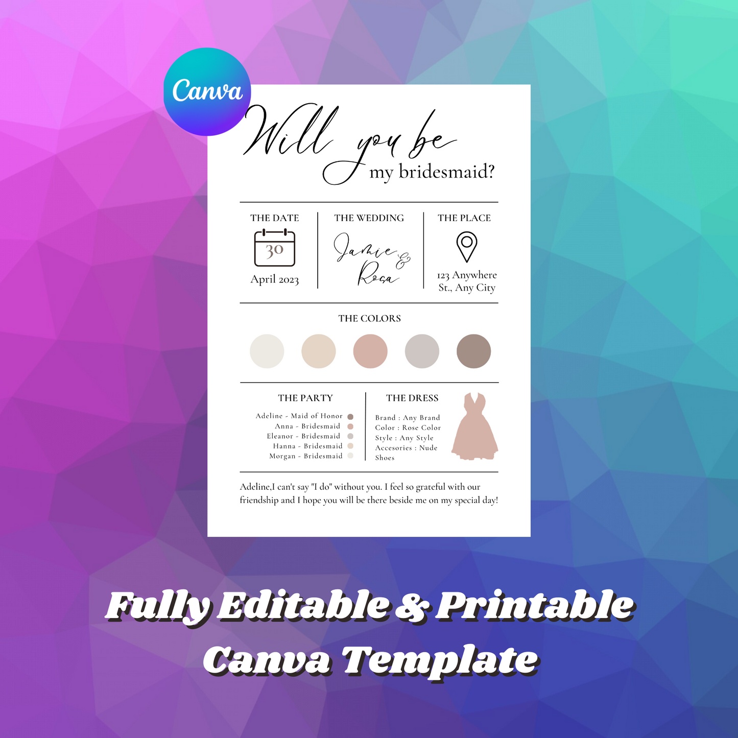 Bridesmaid Information Card Template | Bridal Proposal Car