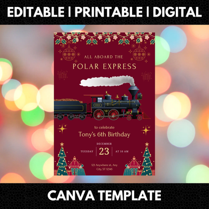 Christmas Polar Express Train Birthday Invitation Template - CreativeRino