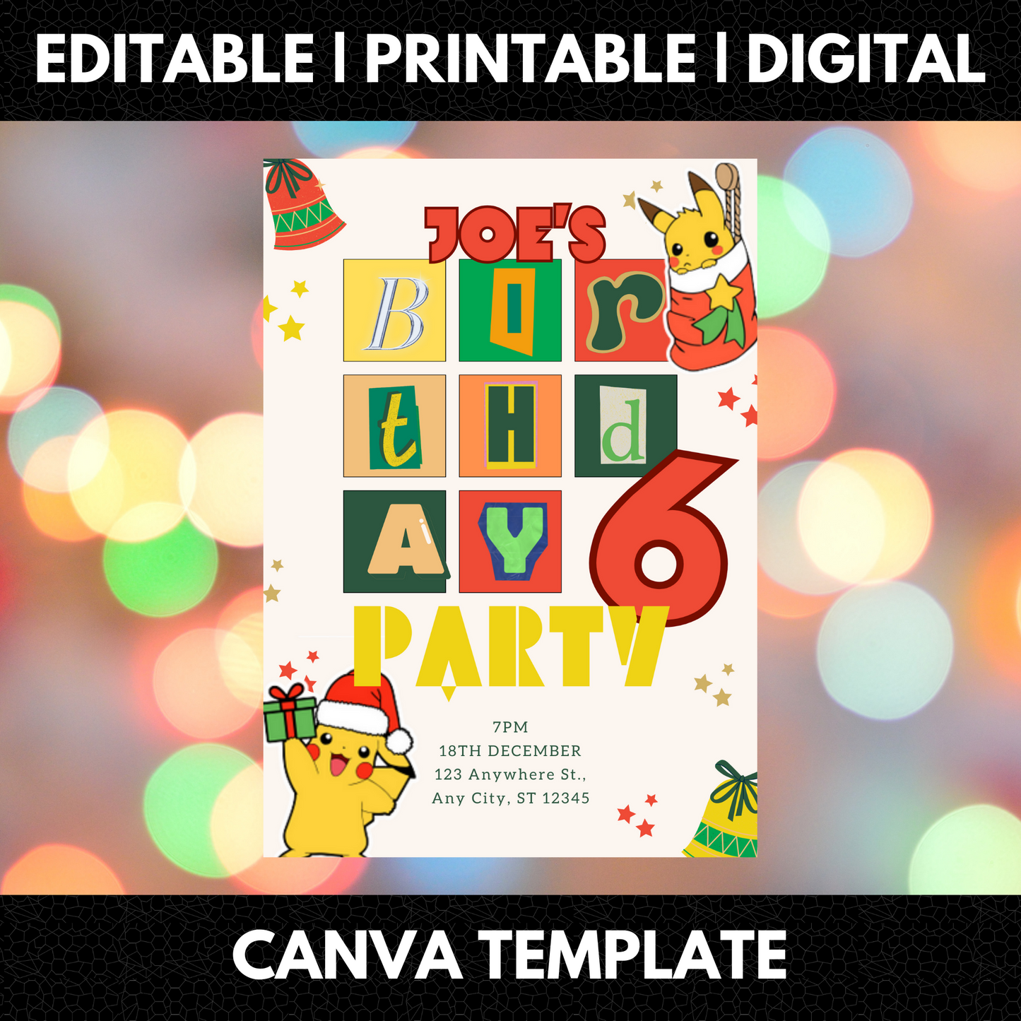 Pikachu Pokemon Christmas Birthday Invitation Template