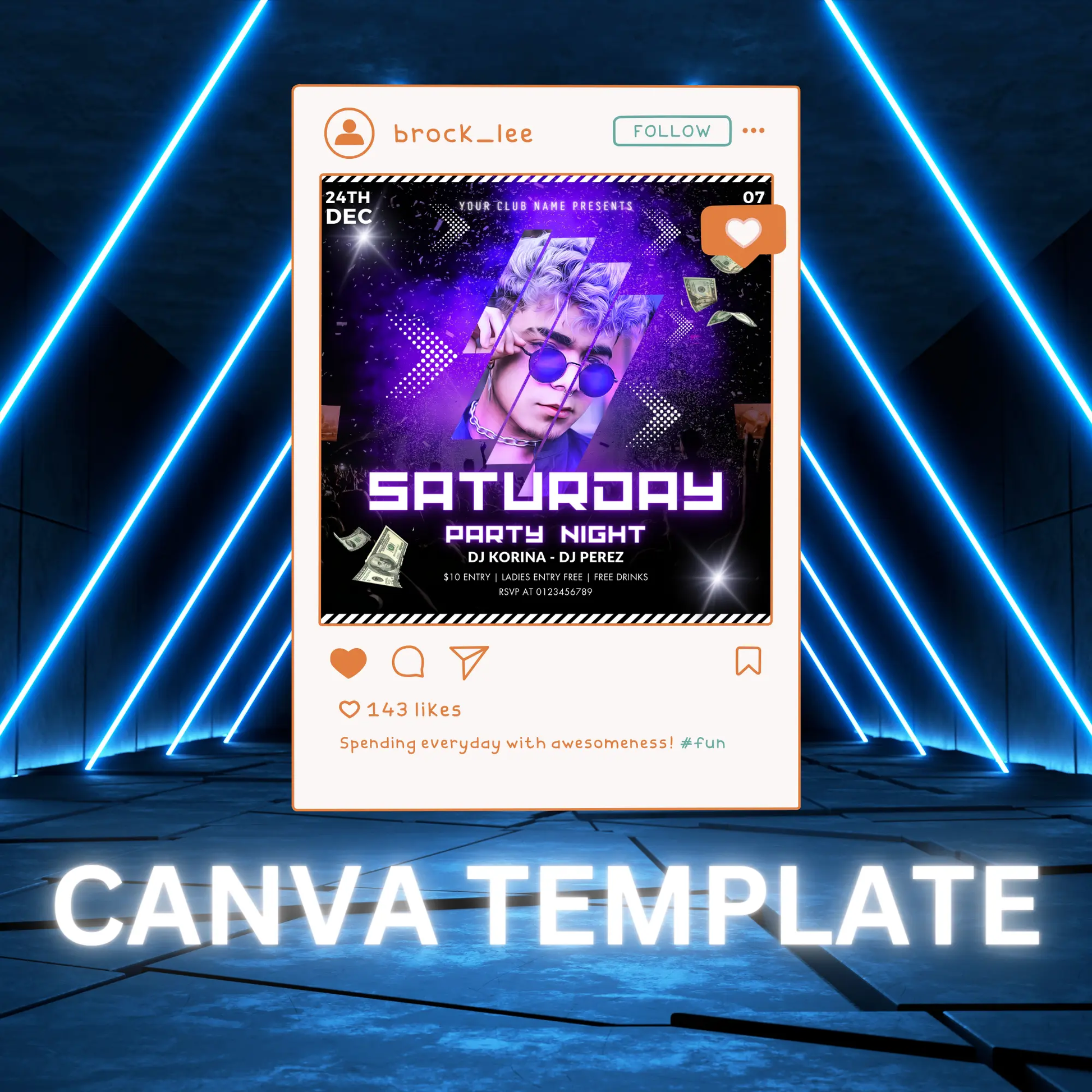 Saturday Party Night Flyer Template | DJ Party Social Media Flyer - CreativeRino