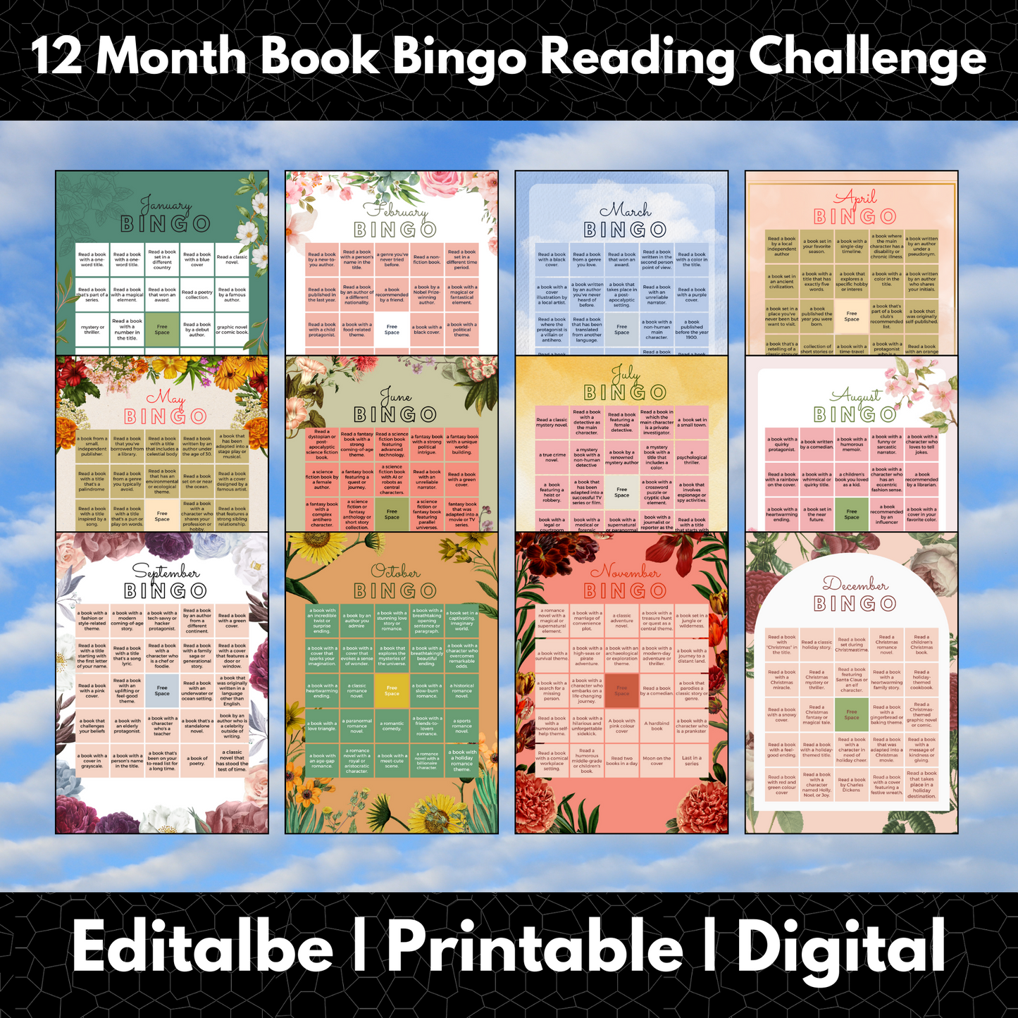 12 Month Book Bingo Reading Challenge Template | Monthly Reading Challenge