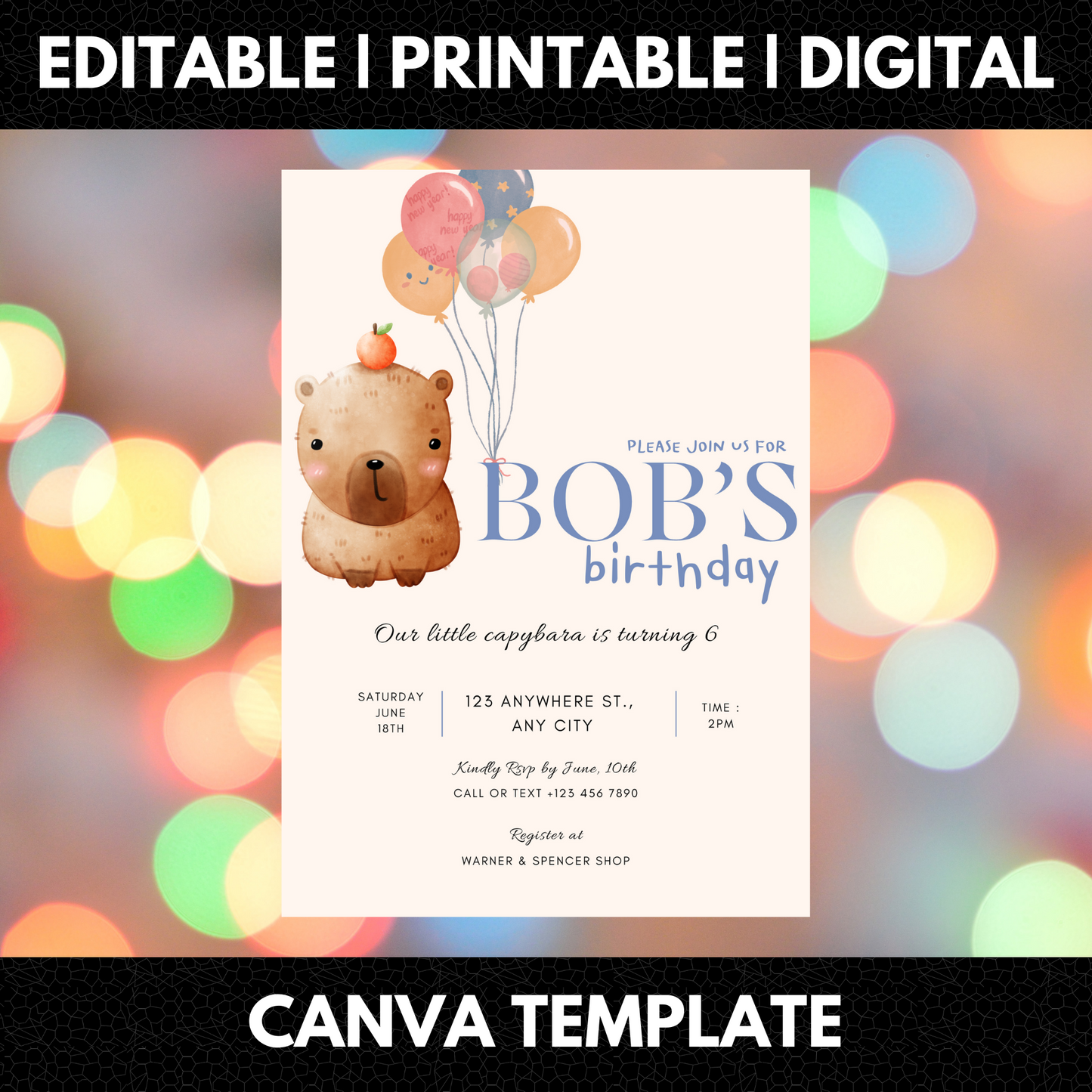 Capybara Birthday Invitation Template