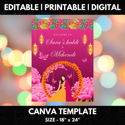 Mehndi Sign Template | Indian Wedding Welcome Sign CreativeRino