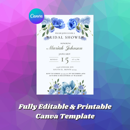 Blue Floral Bridal Shower Invitation Template - CreativeRino