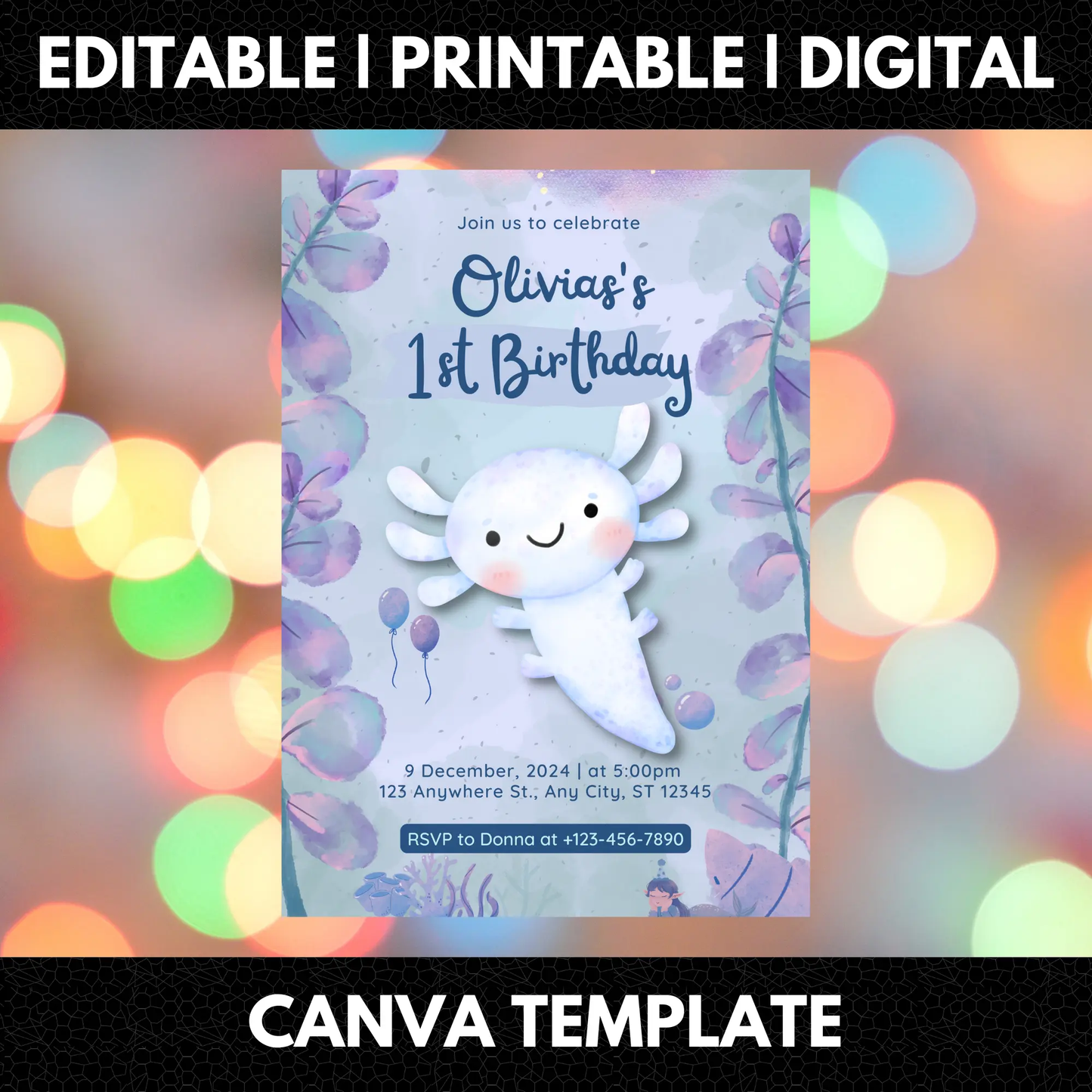 Axolotl Birthday Invitation Template - CreativeRino