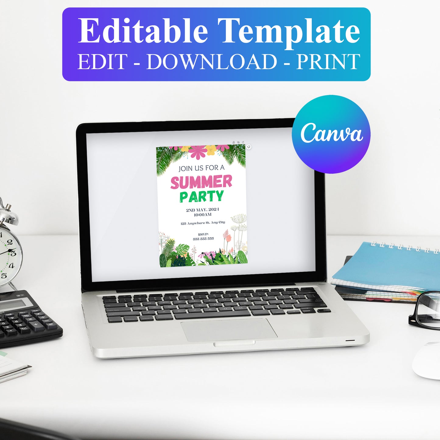 Summer Party Invitation Canva Template | Summer Party Theme Invite