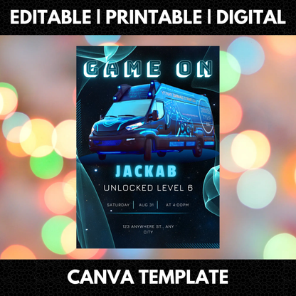 Game Truck Gaming Birthday Invitation Template - CreativeRino