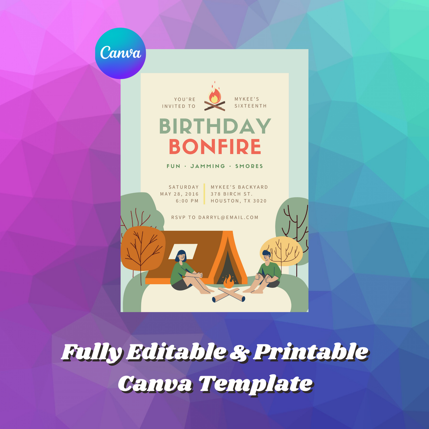 Bonfire Birthday Invitation Template | Camping Invite