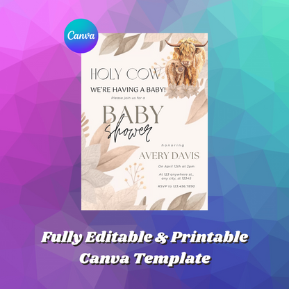 Boho Highland Cow Baby Shower Invitation Template CreativeRino