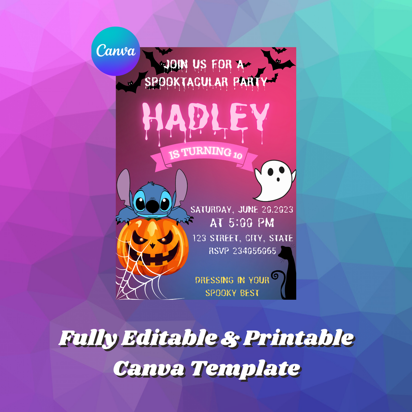 Spooktacular Stitch Halloween Birthday Party Invitation Template