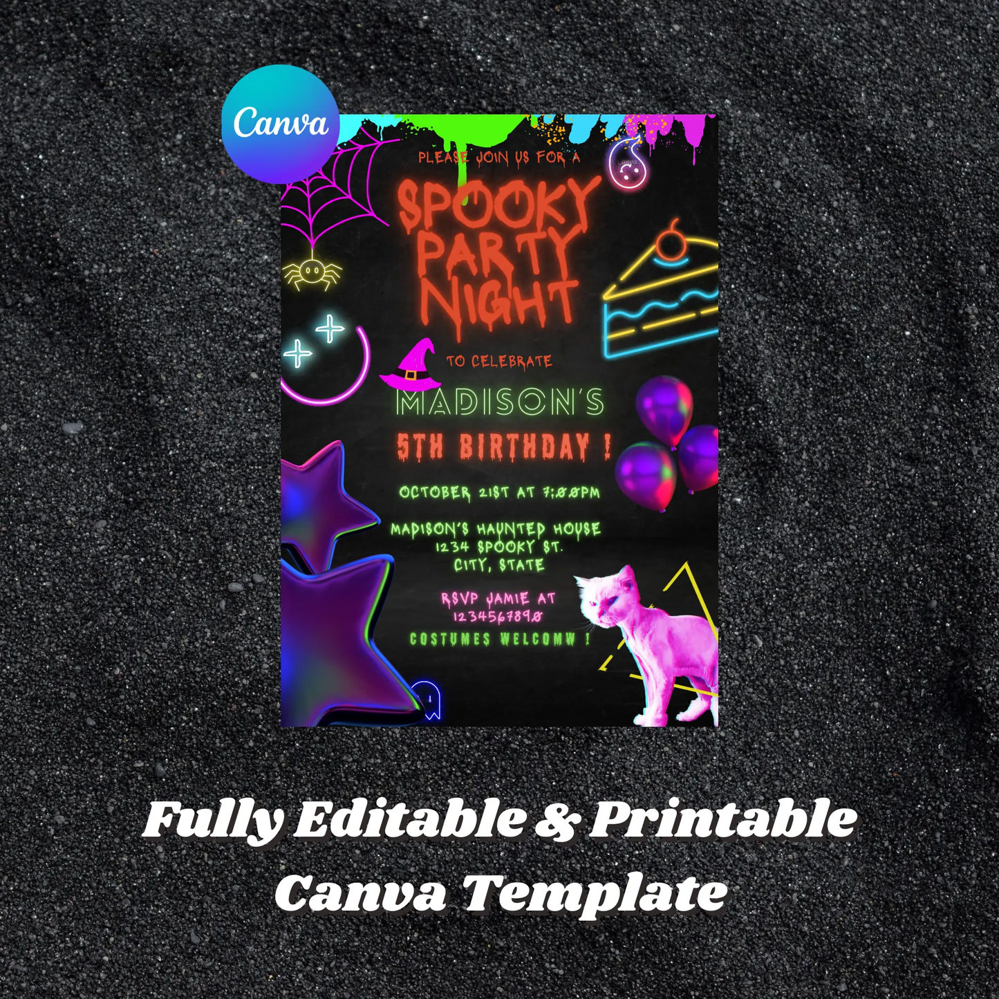 Neon Spooky Halloween Birthday Party Invitation Template - CreativeRino