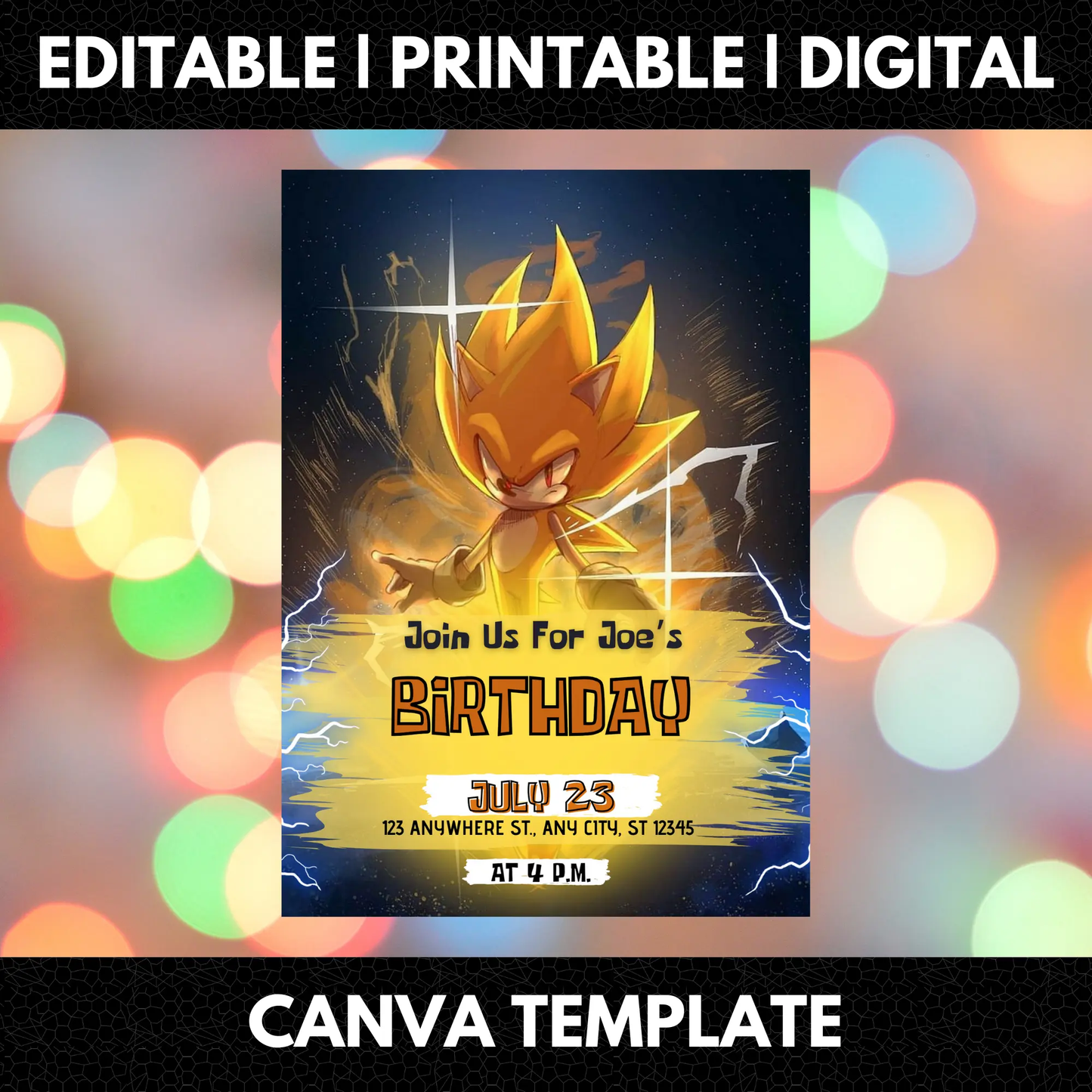 Super Sonic The Hedgehog Birthday Invitation Template - CreativeRino