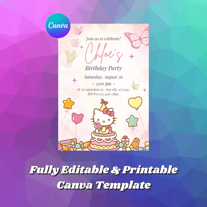 Kawaii Kitty Birthday Invitation Template - CreativeRino