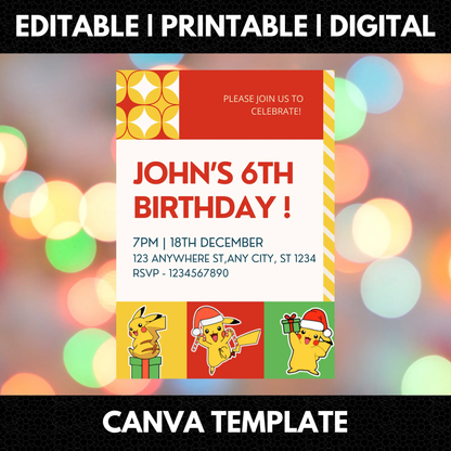 Pikachu Pokemon Christmas Birthday Invitation Template - CreativeRino