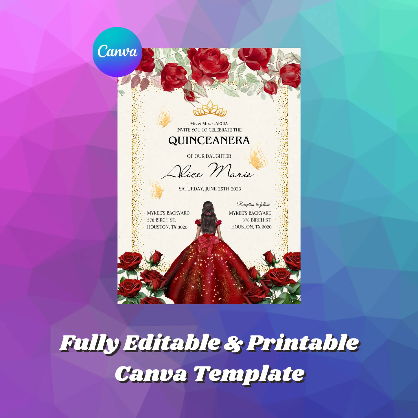 Red Floral Gold Butterflies Princess Quinceañera Invitation Template - CreativeRino