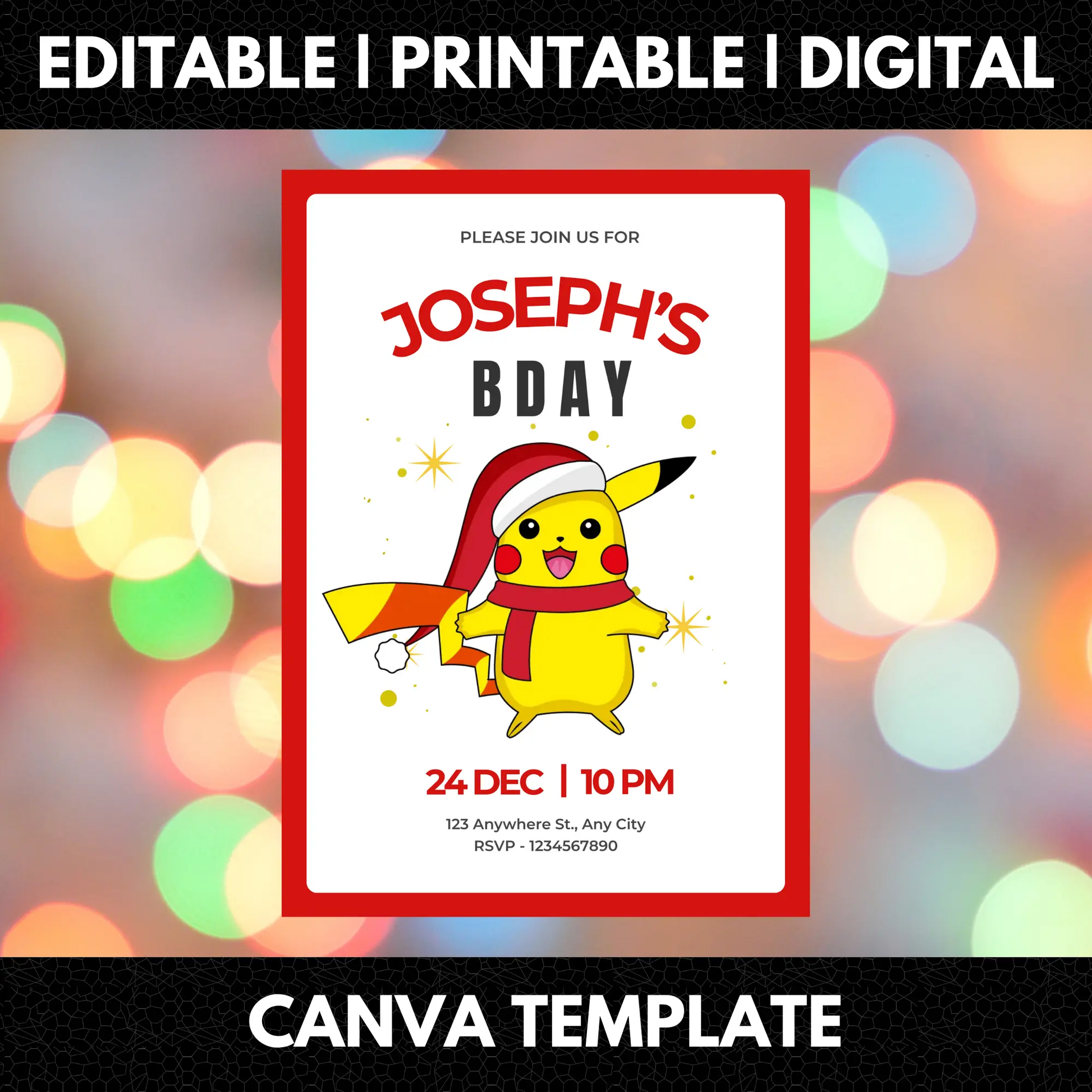 Pikachu Pokemon Christmas Birthday Invitation Template - CreativeRino