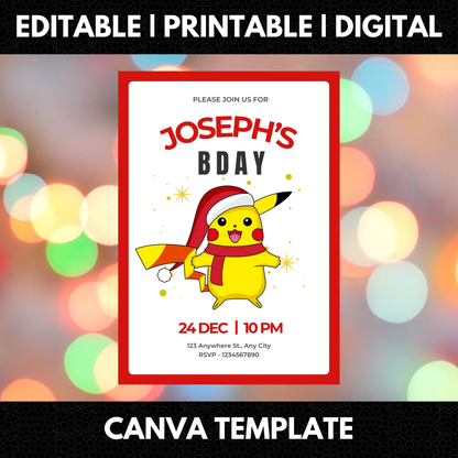 Pikachu Pokemon Christmas Birthday Invitation Template - CreativeRino