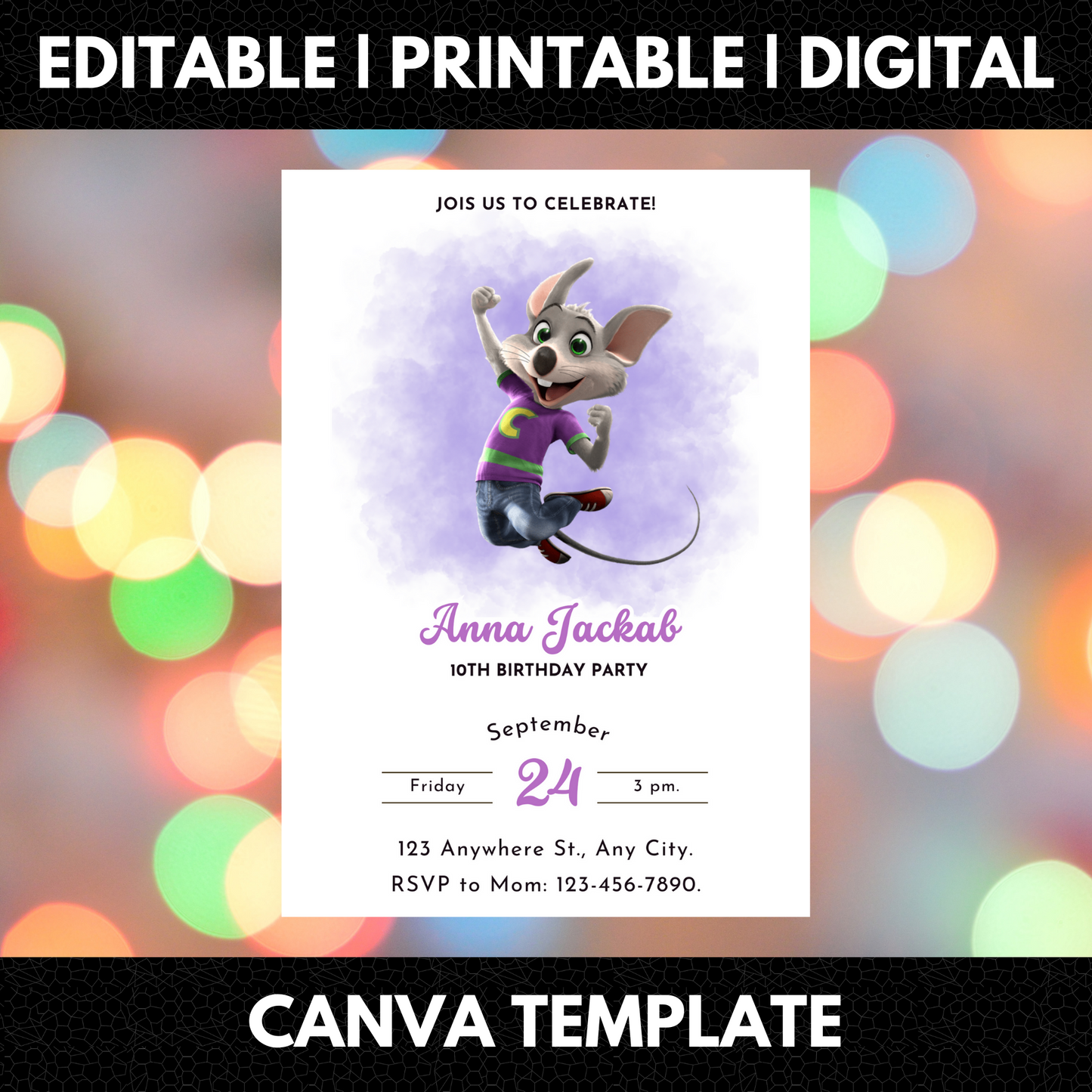 Chuck E Cheese Mouse Birthday Invitation Template