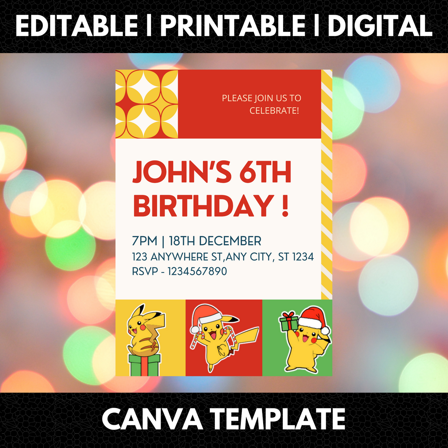 Pikachu Pokemon Christmas Birthday Invitation Template