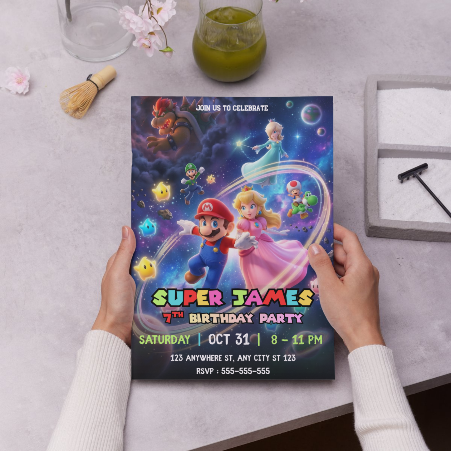 Editable Princess Peach Birthday Invitation, Mario Galaxy Birthday Invite, Outer Space Party Canva Template CreativeRino