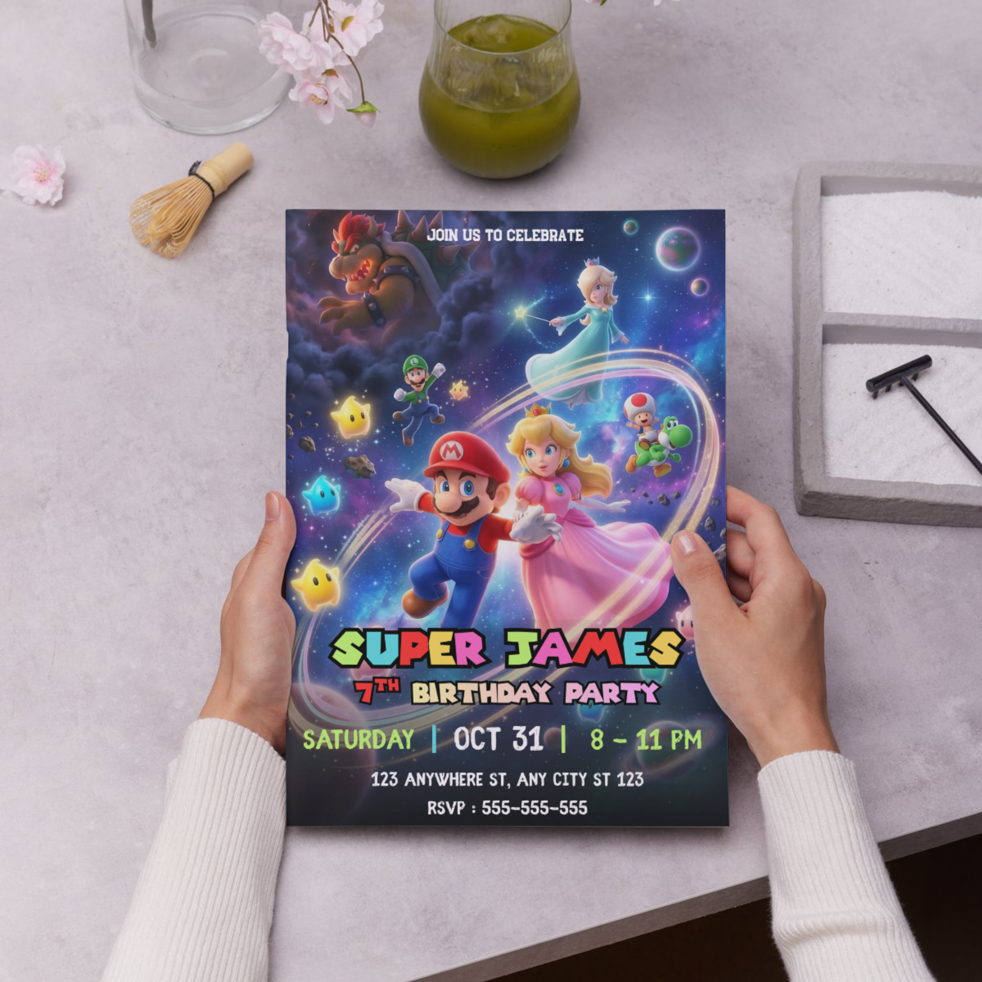 Editable Princess Peach Birthday Invitation, Mario Galaxy Birthday Invite, Outer Space Party Canva Template CreativeRino