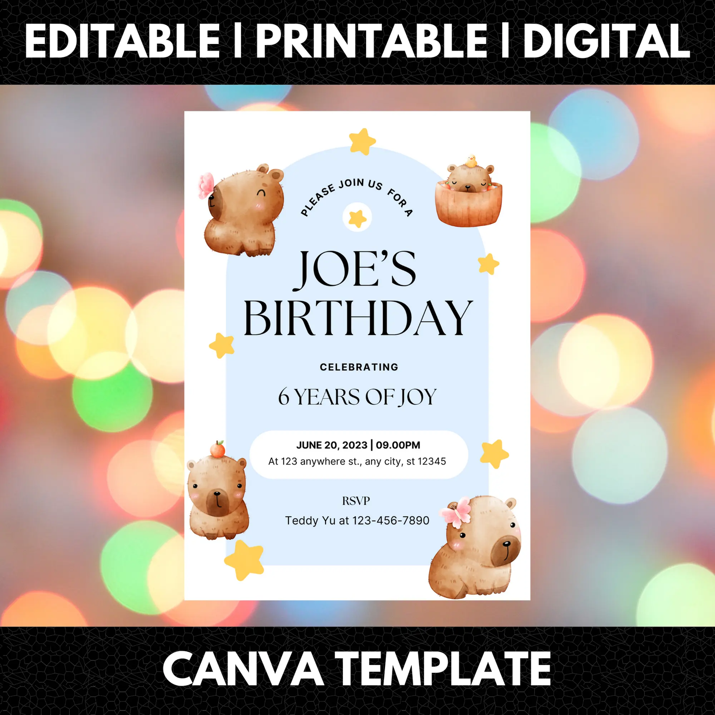 Capybara Birthday Invitation Template - CreativeRino
