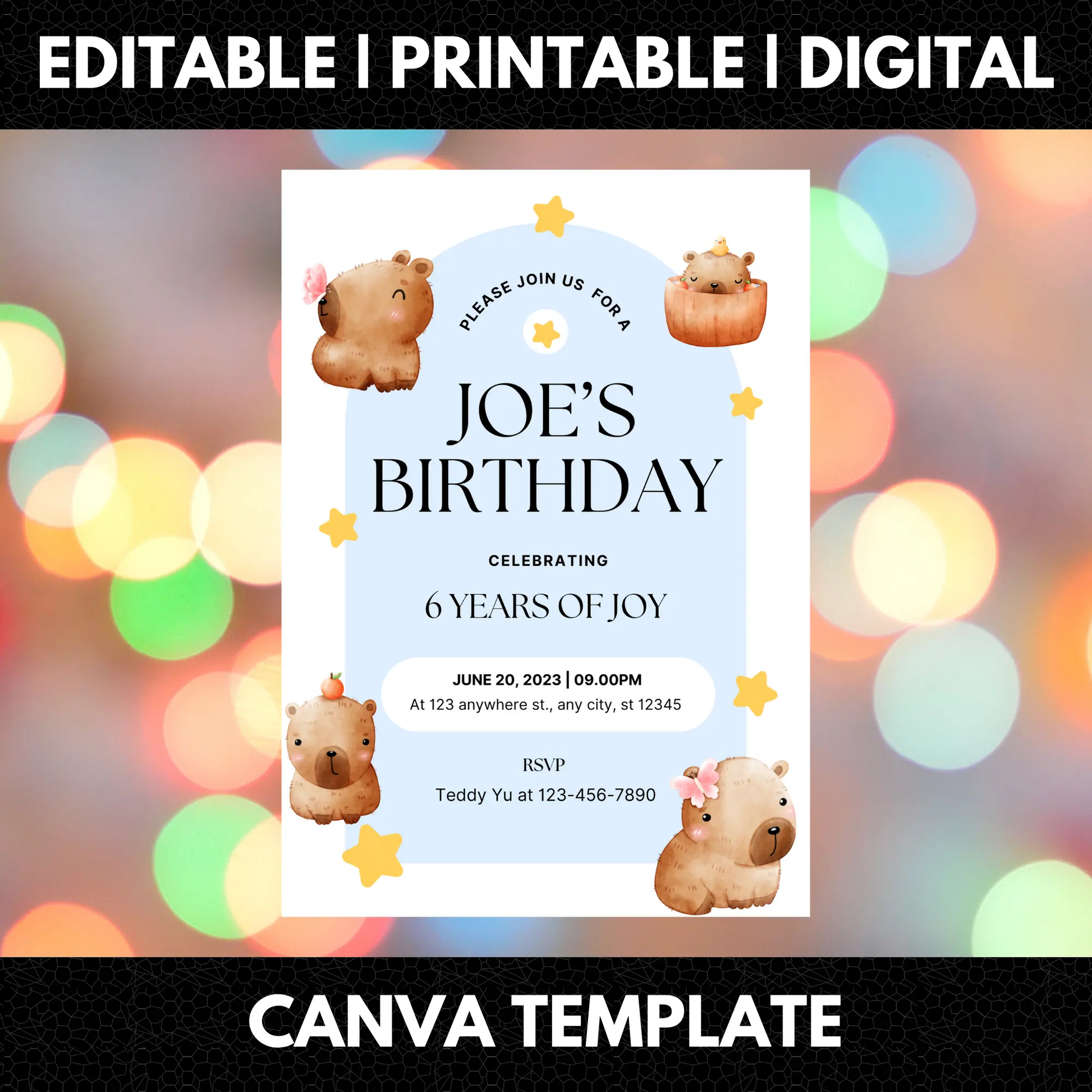 Capybara Birthday Invitation Template - CreativeRino