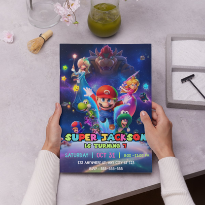 Super Mario Galaxy Birthday Invitation | Mario Space Theme Party Invite CreativeRino