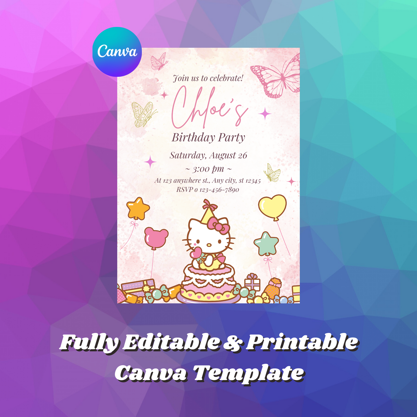 Kawaii Kitty Birthday Invitation Template