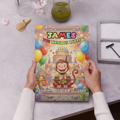 Curious George Birthday Invitation Template | Editable Monkey Party Invite CreativeRino