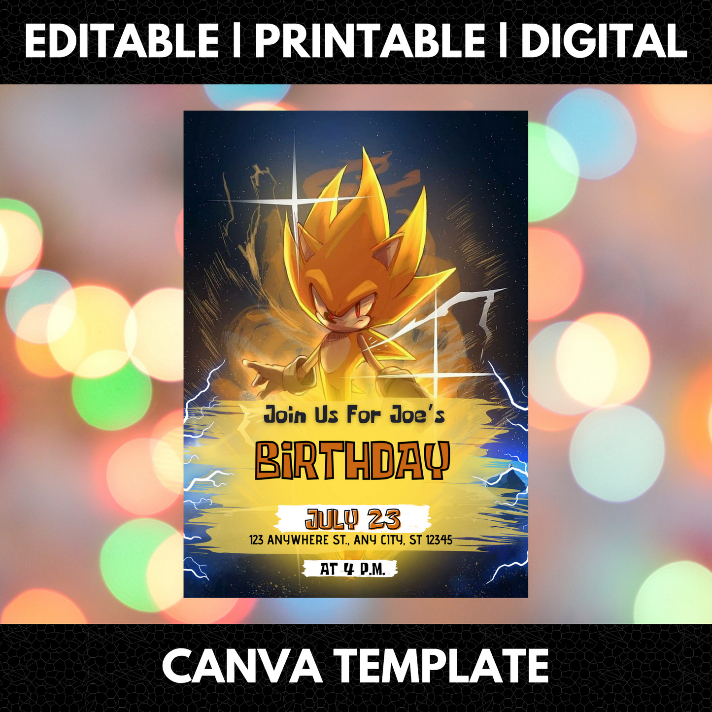 Super Sonic The Hedgehog Birthday Invitation Template