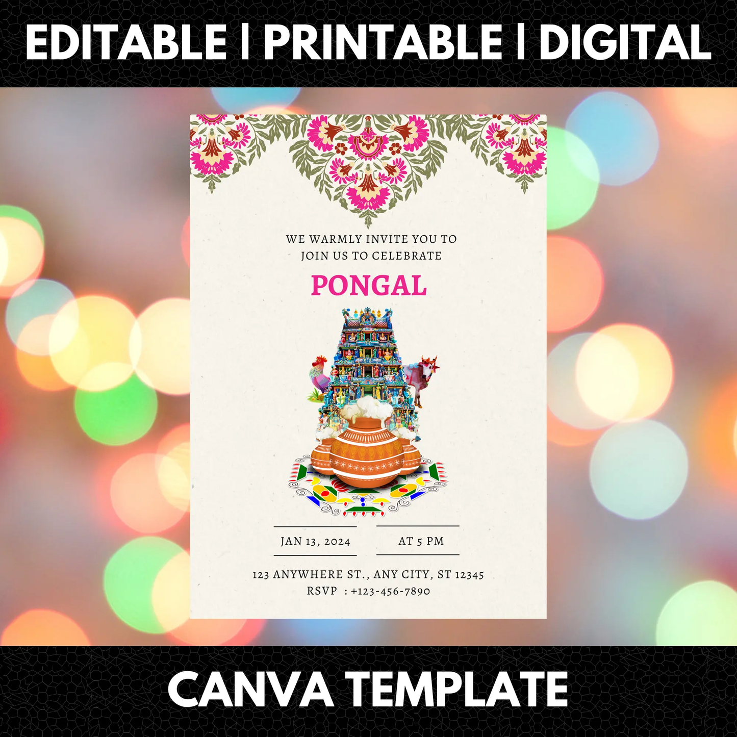 Pongal Invitation Template | Pongal Celebration Invite - CreativeRino